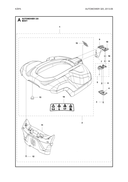 Body system Kpl. AM 320 in the group Spare Parts Robotic Lawn Mower / Spare parts Husqvarna Automower® 320 / Automower 320 - 2014 at GPLSHOP (5807663-02)