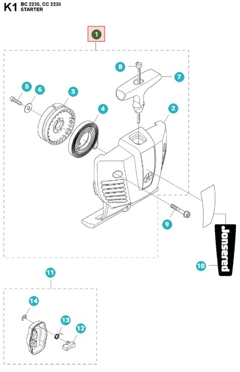 Recoil starter Jonsered CC2235, CC2236, BC2235, GC2236